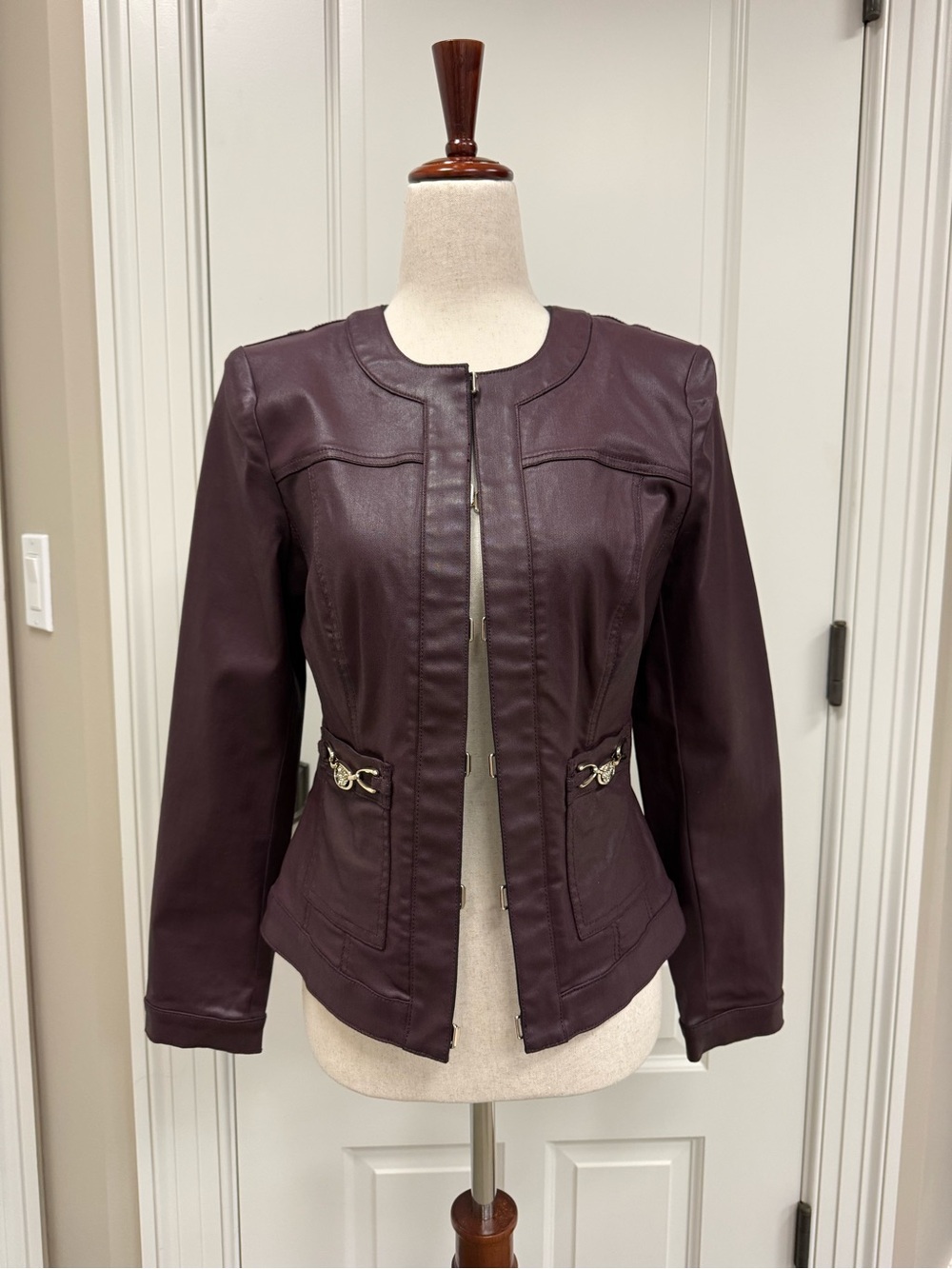 WHBM Burgundy Coated Denim Stylist Jacket, Size 4